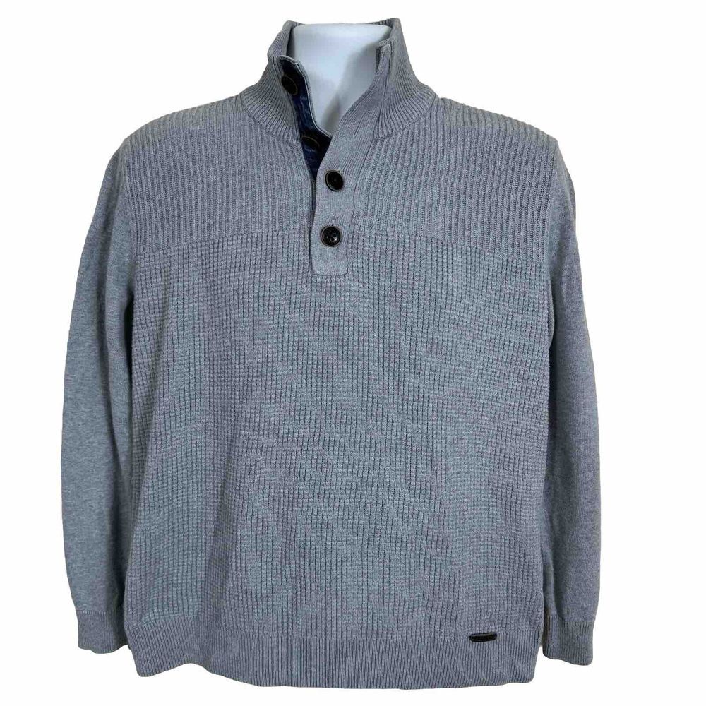 Mexx Men's Sweater Medium Gray Knitted 100% Cotton Mock Neck Long Sleeve Buttons